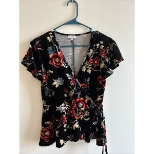 Love Fire Floral Velvet Criss Cross Top Whimsical Fairy Grunge Sz M Short Sleeve